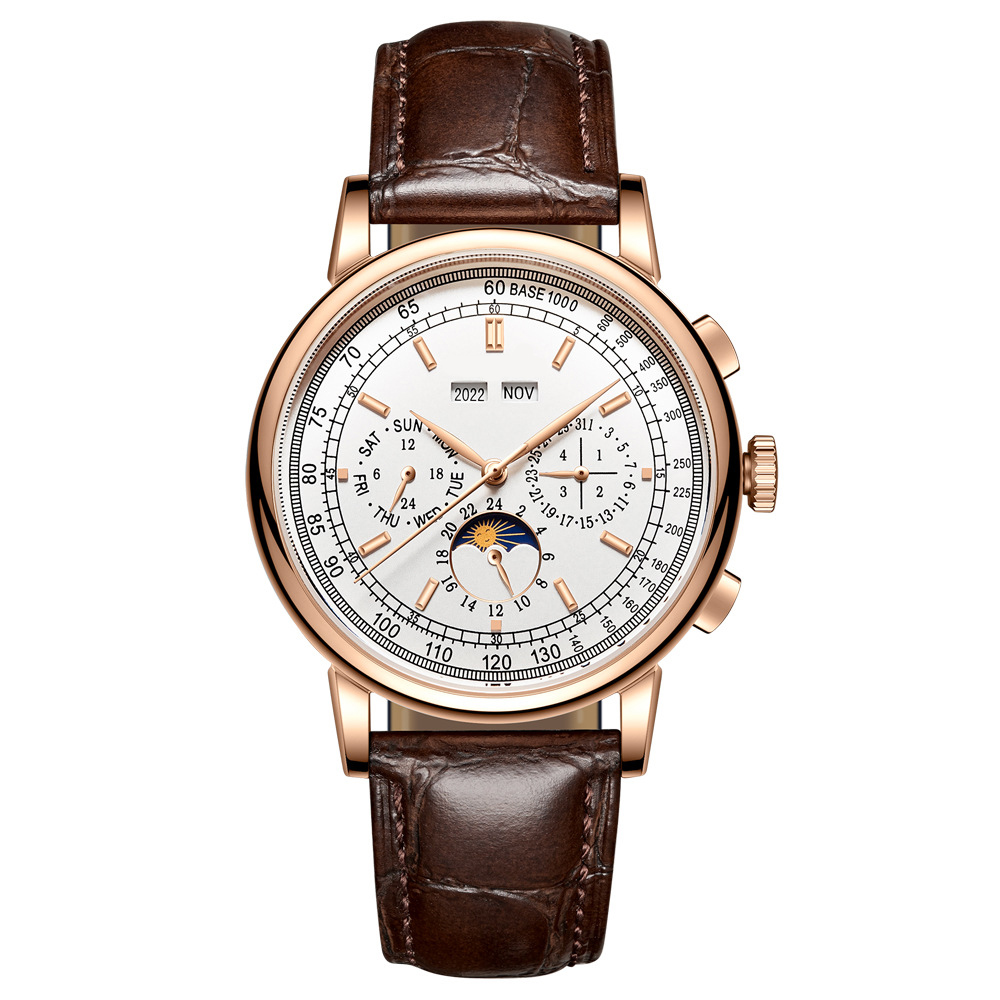 High-end Mens Watch Exclusive Fashion Moon Phase Automatic Mechanical Wristwatch with Leather Strap