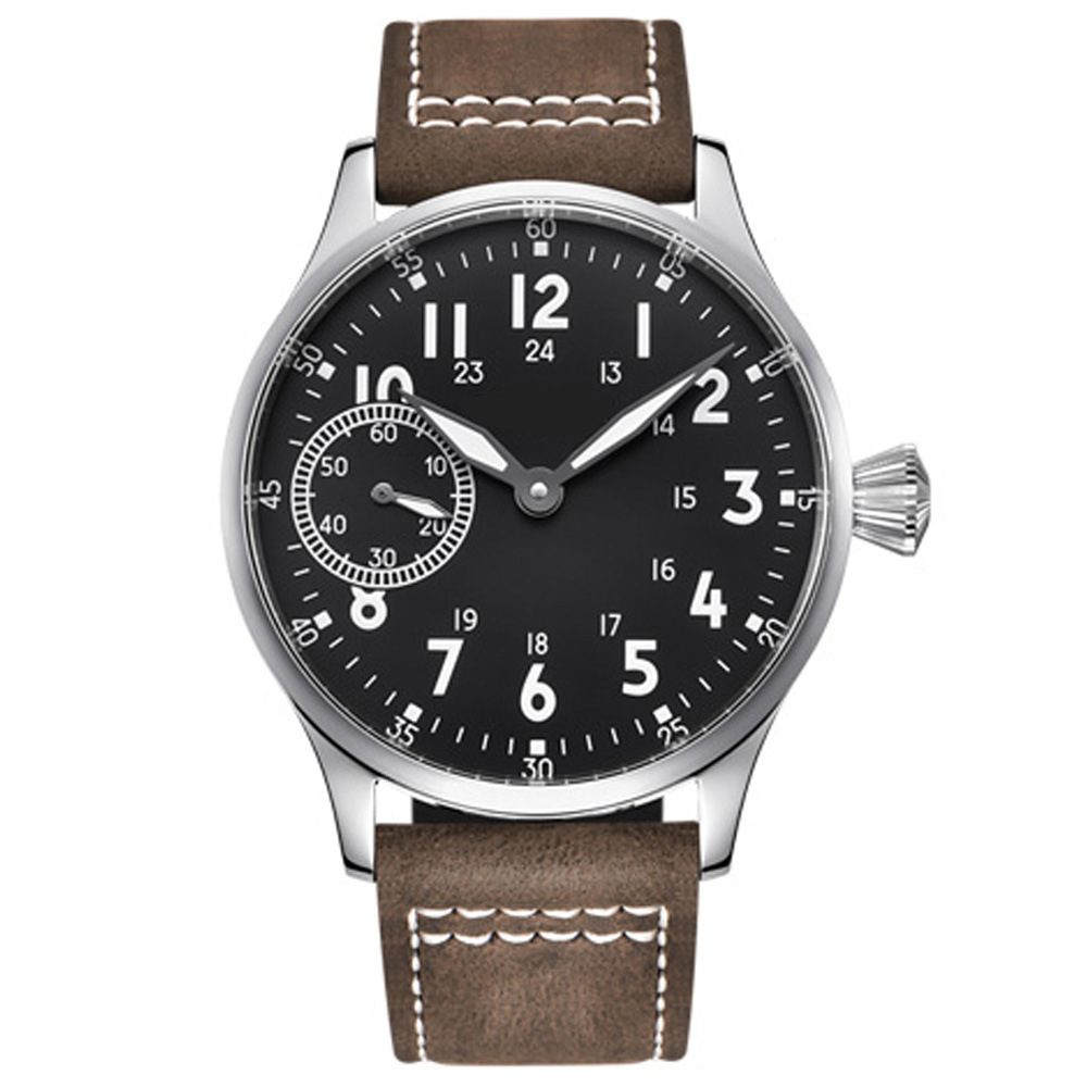 Hand Wind Mechanical for Men Pilot Classic Analog Watch with Black Dial Luminous Dark Brown Leather Strap